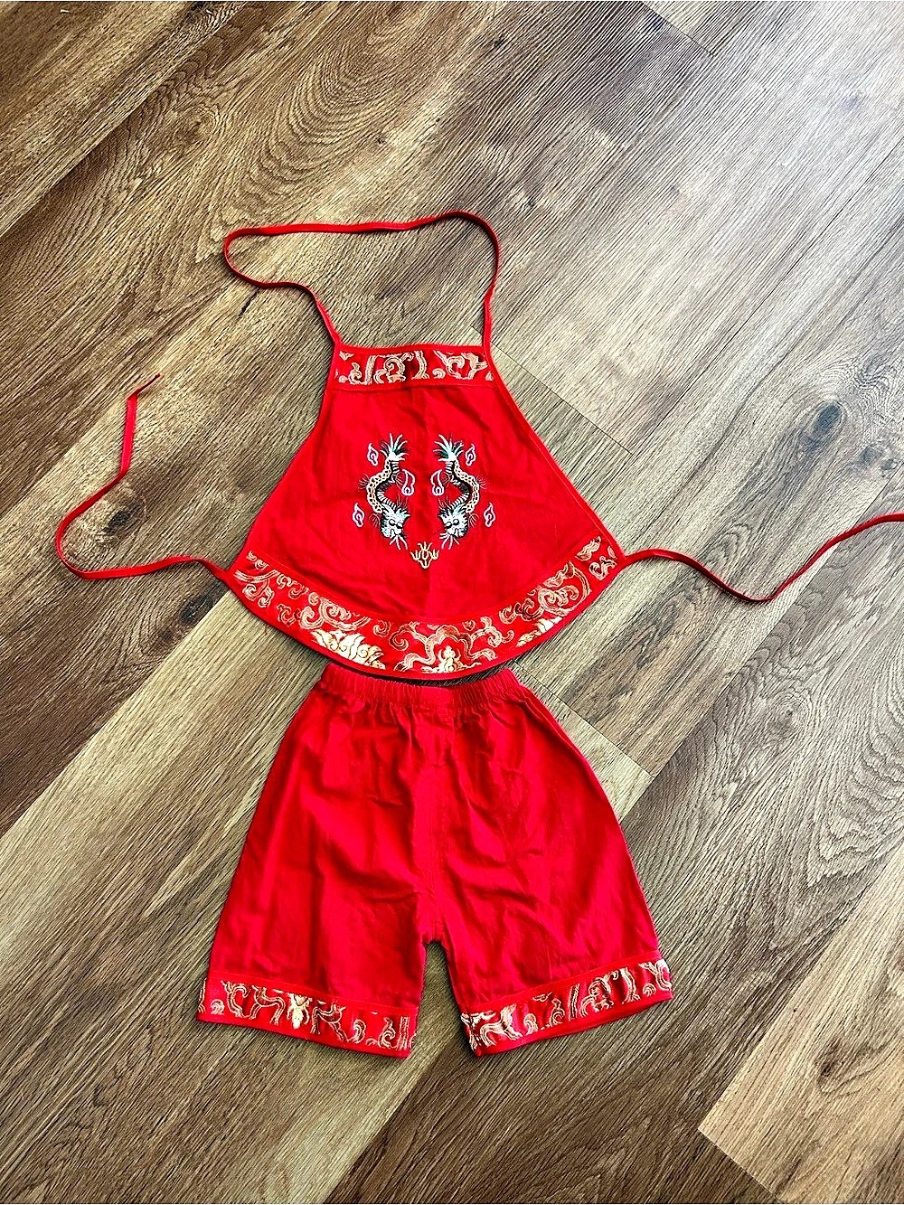 Traditional Chinese Embroidered Dudou Top & Shorts Set - Red & Gold Dragon Outfi
